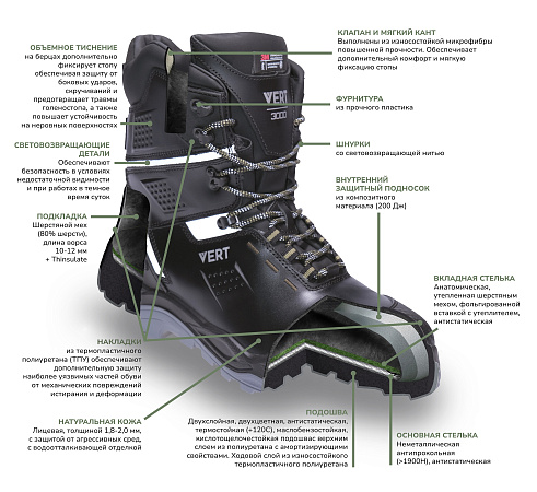Ботинки VERT высокий берец с КП и КС Thinsulate® шерст. мех кожаные ПУ/ТПУ