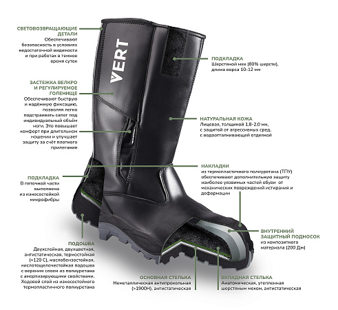 Сапоги VERT высокие с КП и КС шерст. мех кожаные ПУ/ТПУ